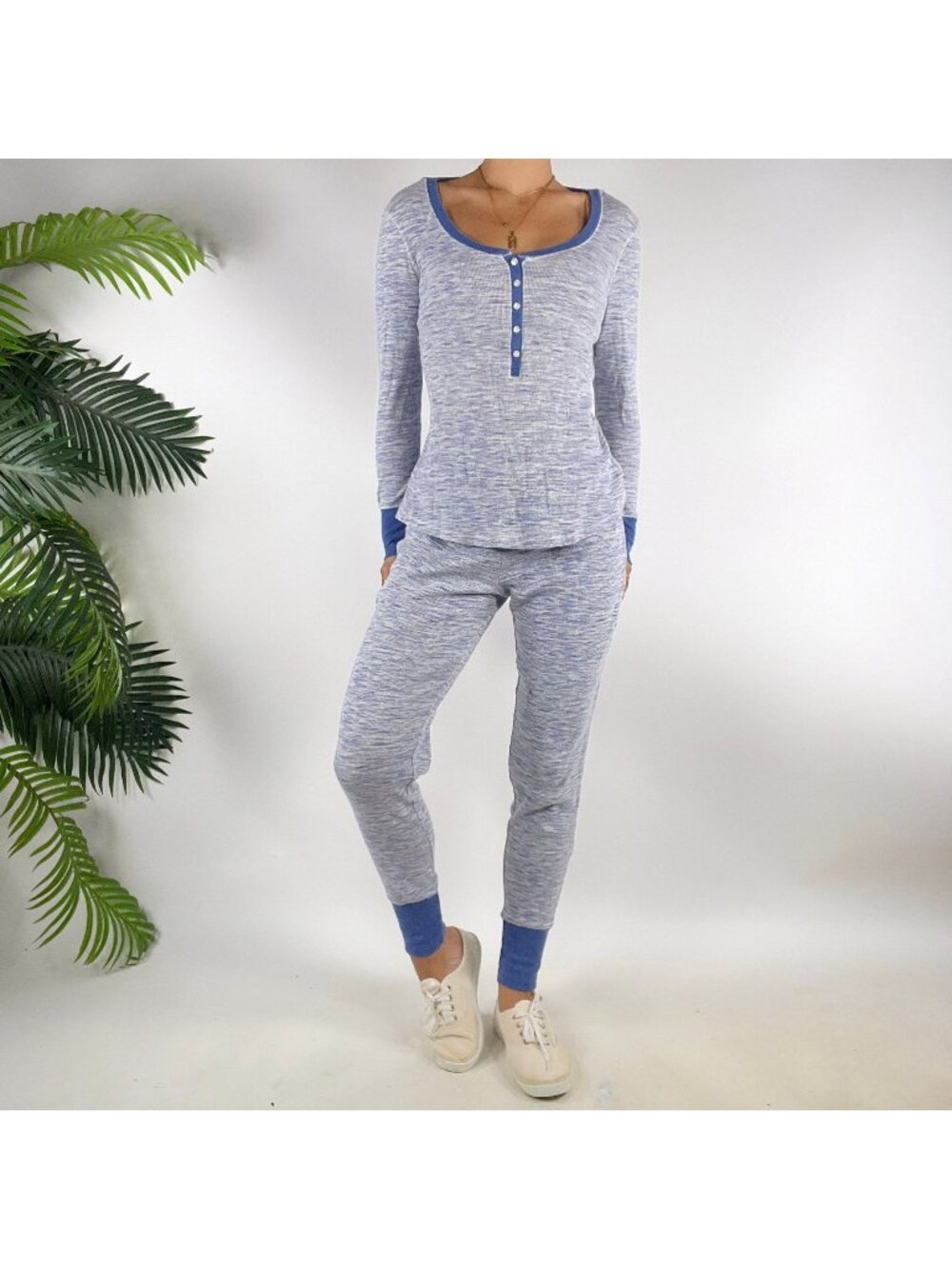 Victorias Secret Blue Marled Henley Pajama Set Top & Bottoms Womens / Size: SM
